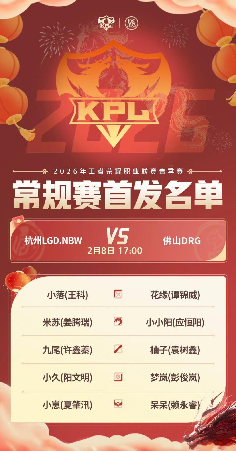 2026KPL春季赛今日首发名单