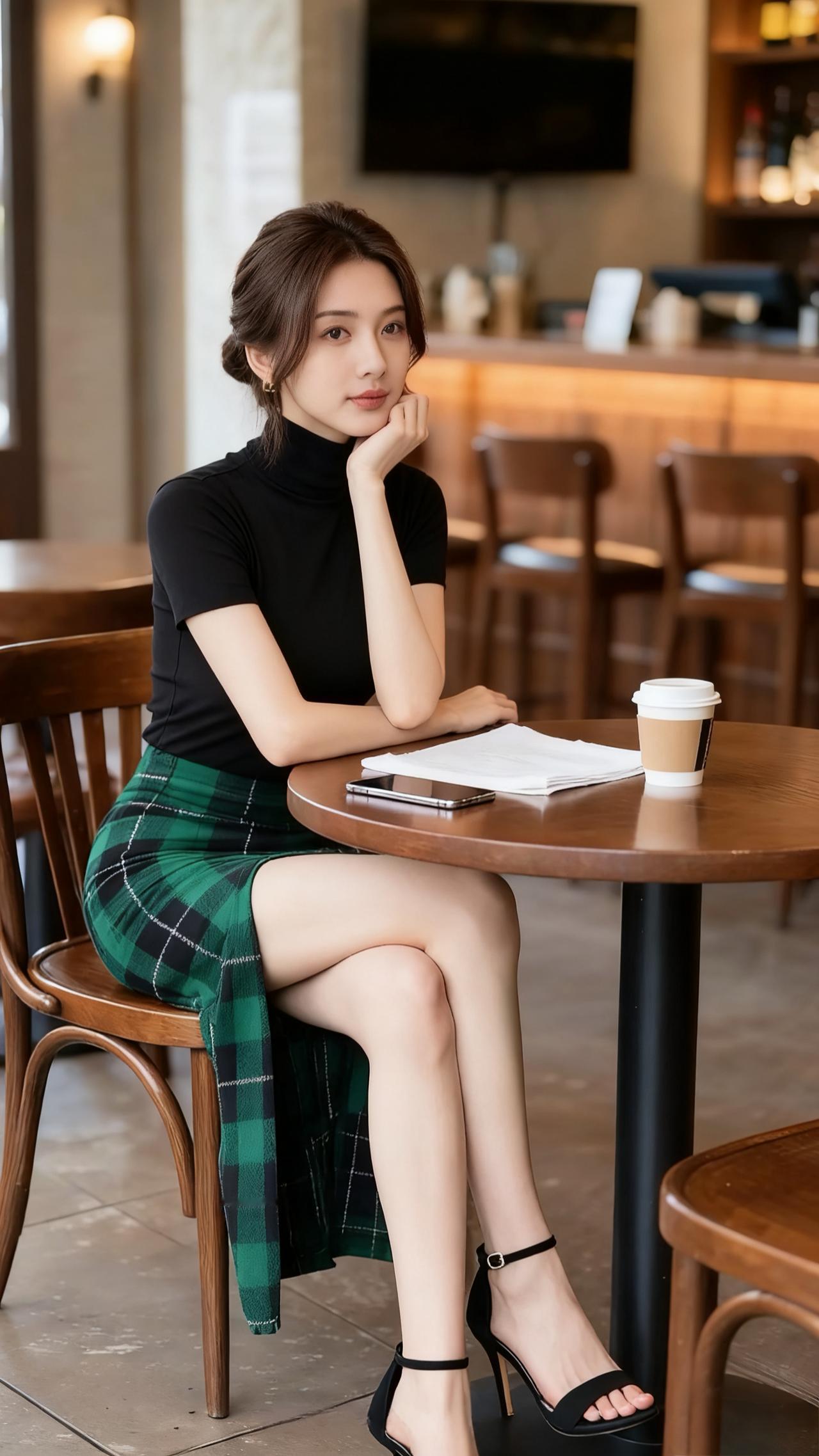 黑色紧身半袖打底衫icon，绿色方格开叉长裙icon，令人看着非常清新靓丽有气质