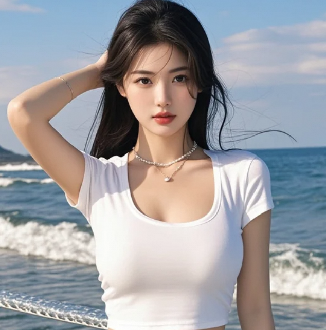 海水轻轻涌动，她赤脚走在沙滩上美得刚刚好。