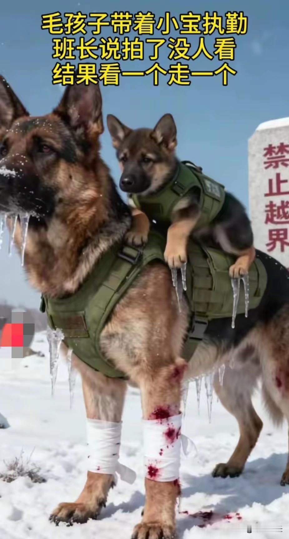 看到边防军犬妈妈背着小宝站岗的画面，我瞬间破防。这些军犬无比伟大，嗅觉灵敏、行动