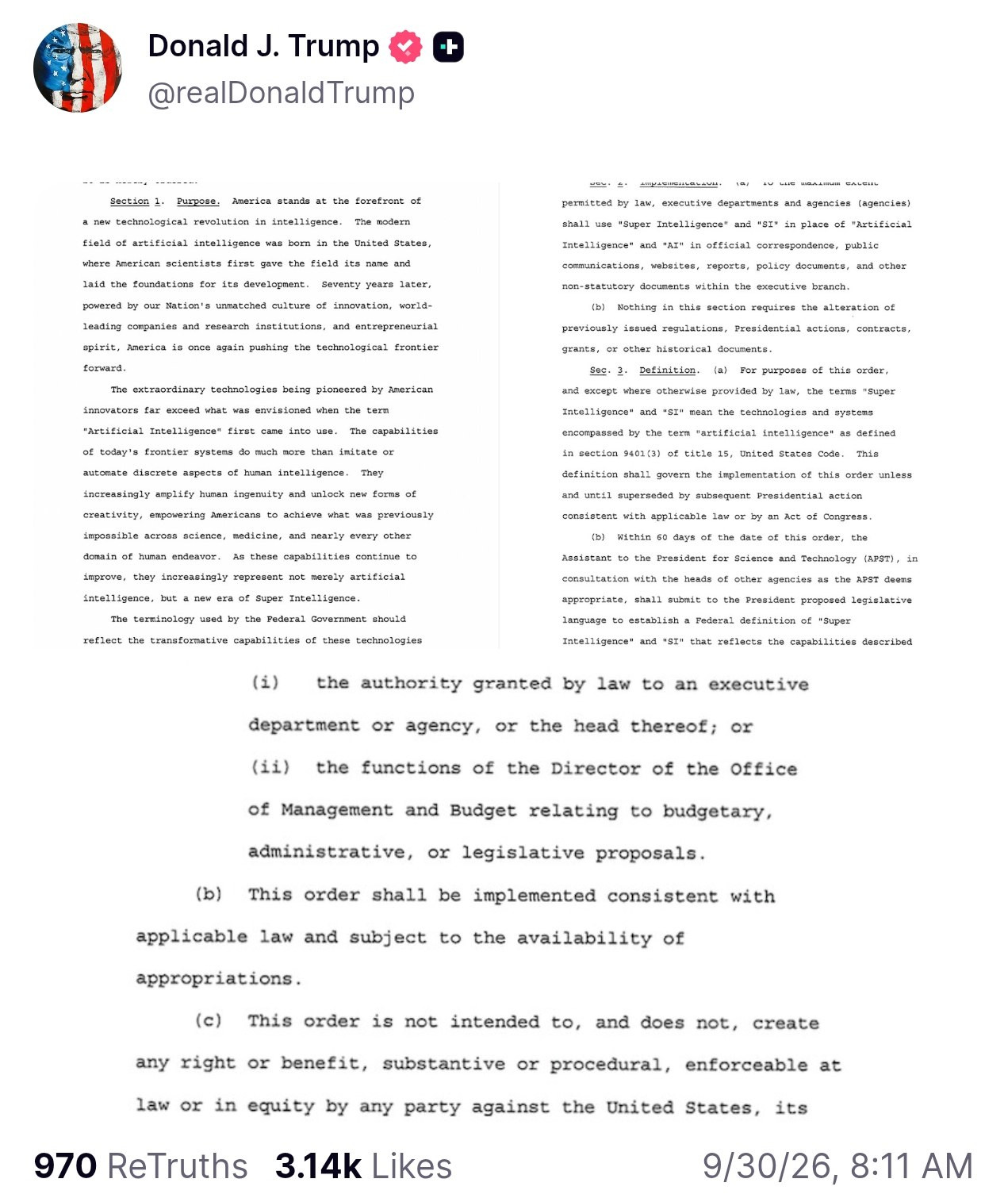 🔻今日最大AI新闻：特朗普在今天正式签署行政命令，将“AI”更名为“SI”。🔻行政命令要求美国联