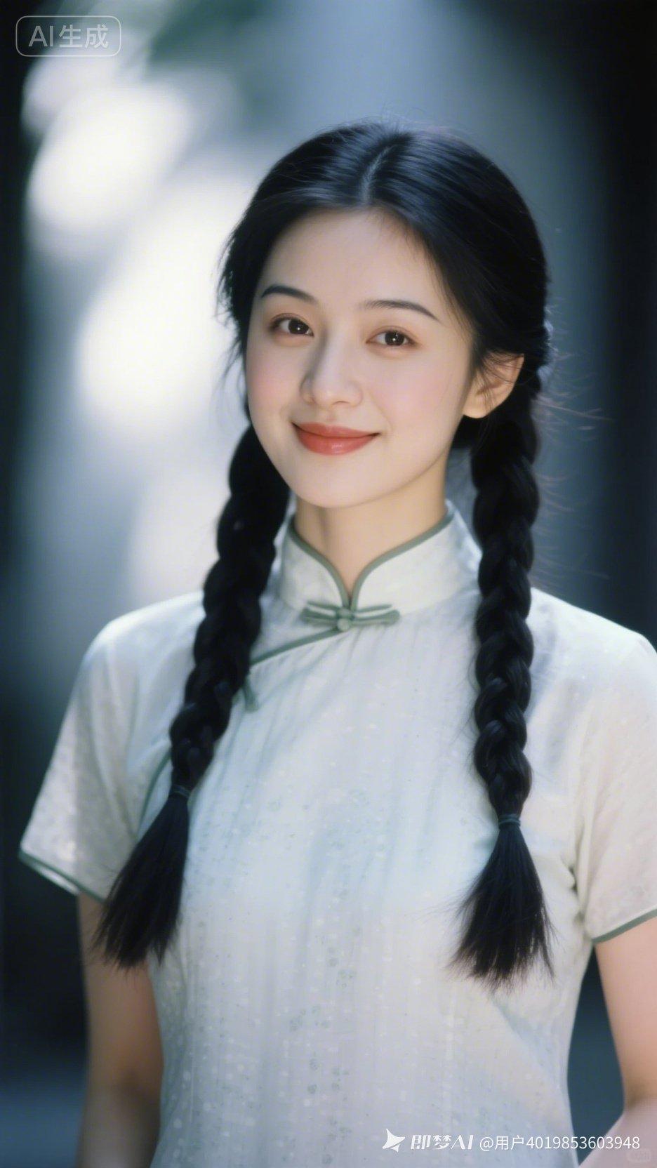 温柔甜美的古风少女，黑发双辫，微笑动人。
