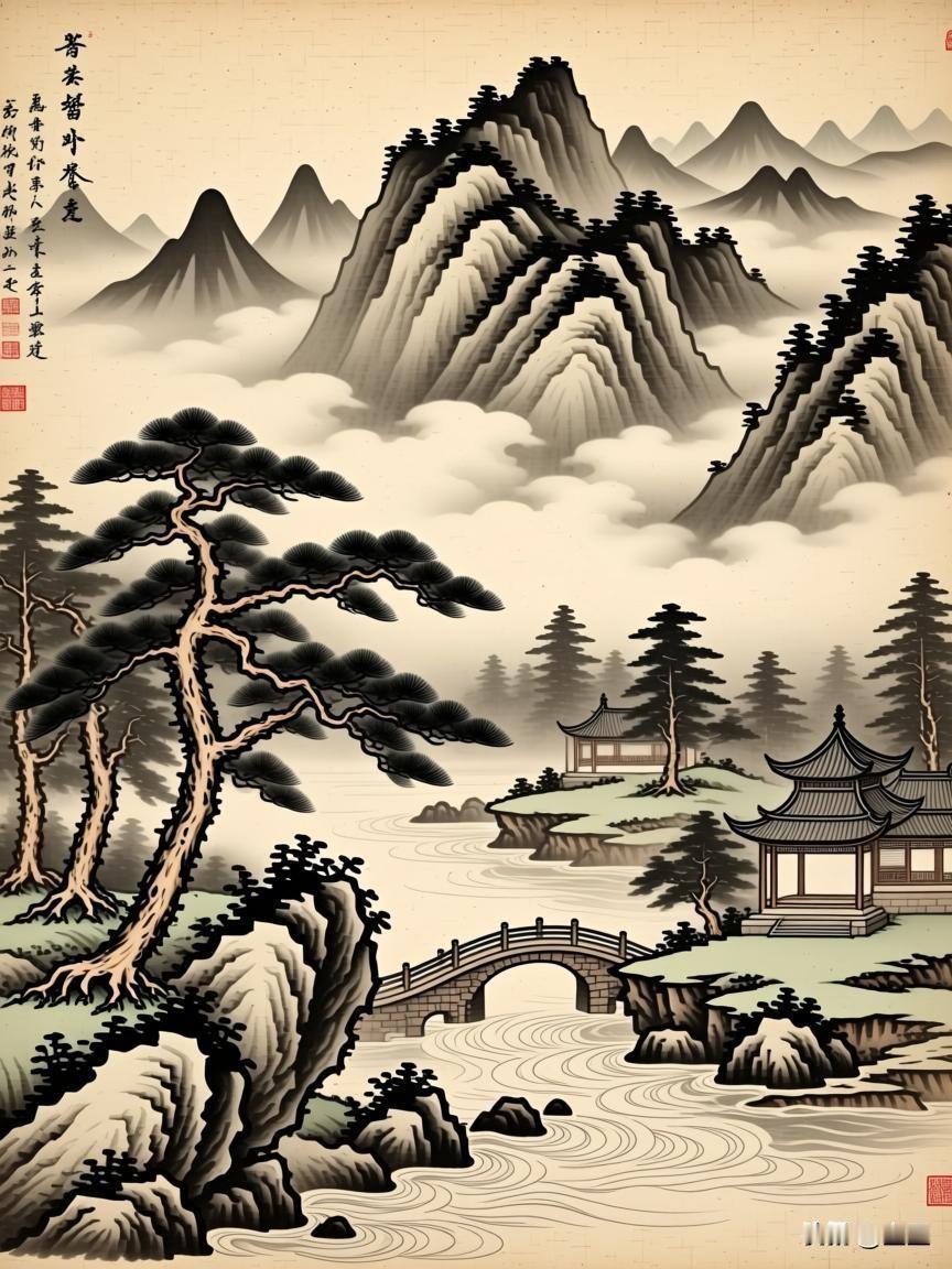远山云雾缭绕、溪水蜿蜒、小桥亭台，尽显山水画的悠远禅意