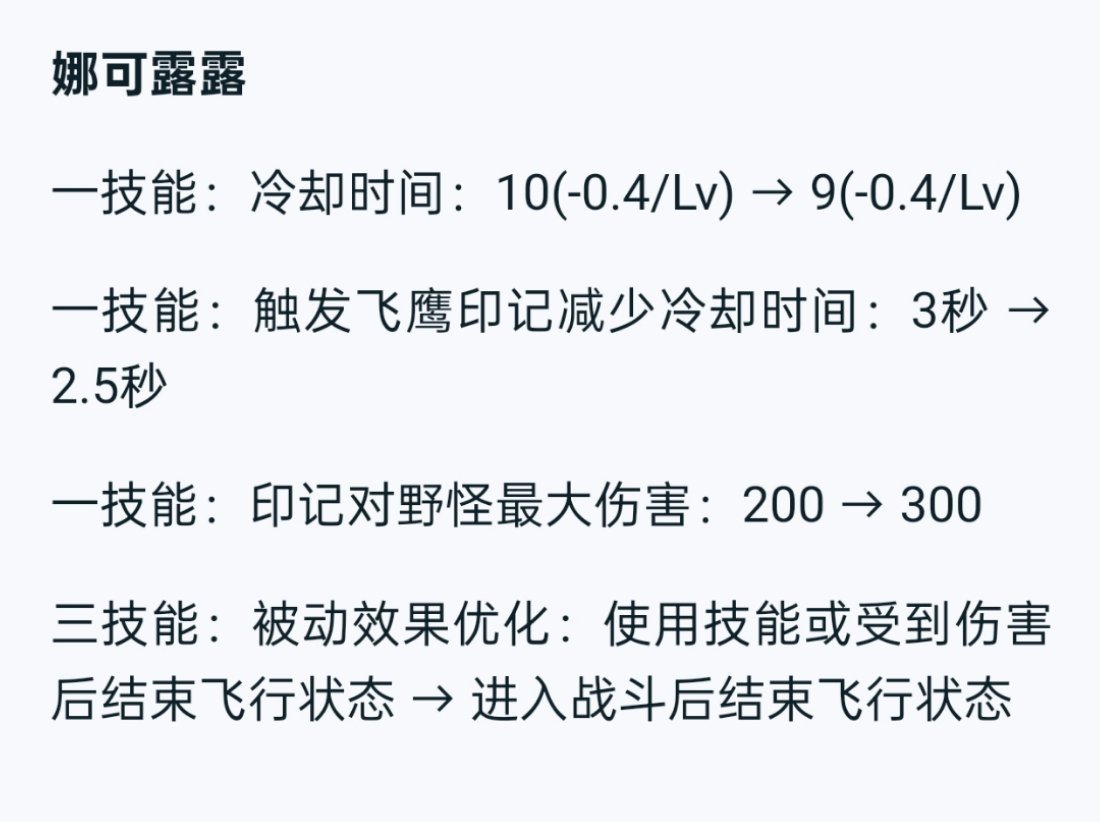 正式服明早英雄调整单独加强了娜可露露一技能CD减少1秒印记对野怪最大伤害增加10