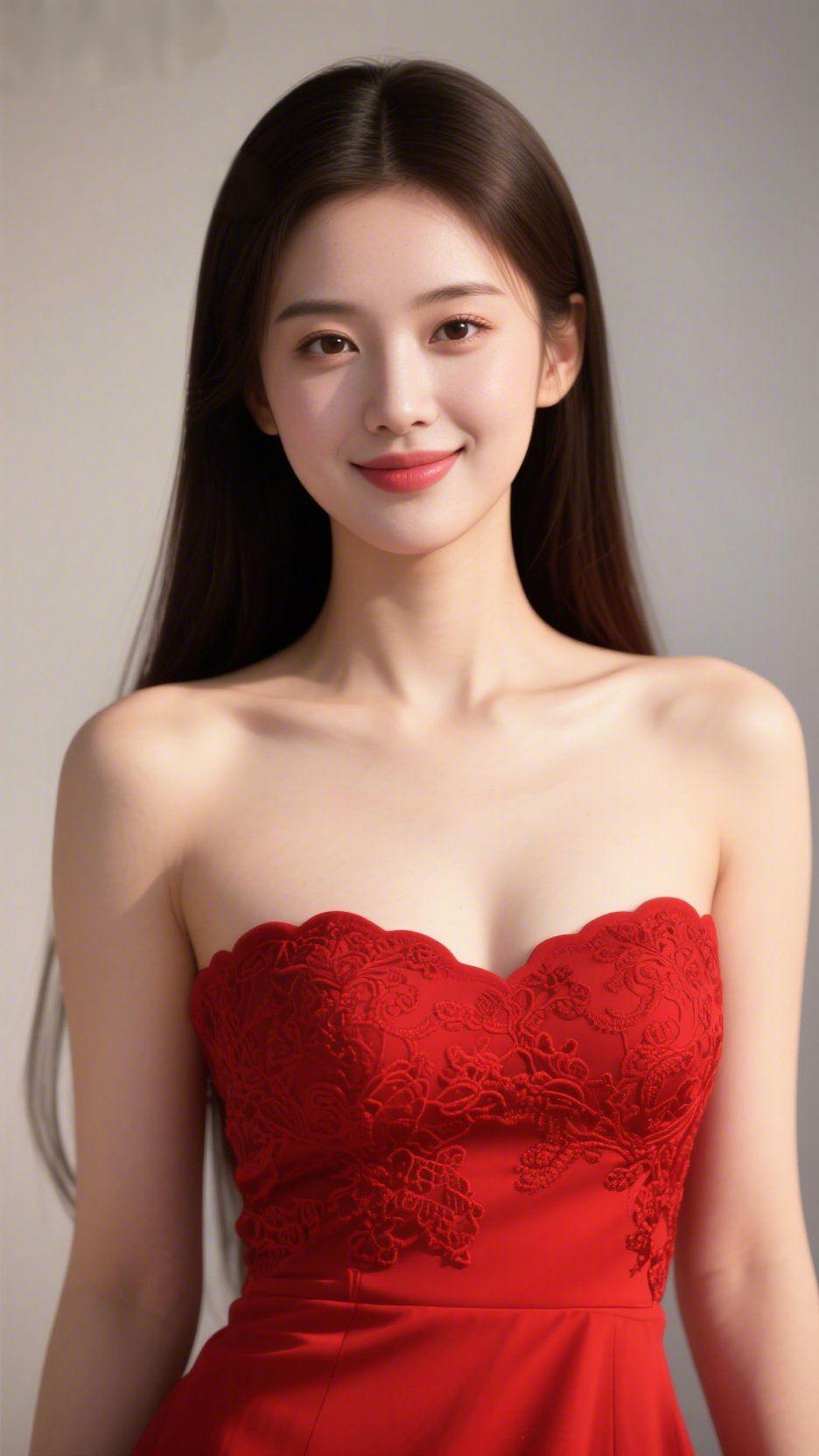 红衣里的静雅清妍她立于素净光影间，一身正红抹胸裙，如拢了团温软的朱砂柔光。