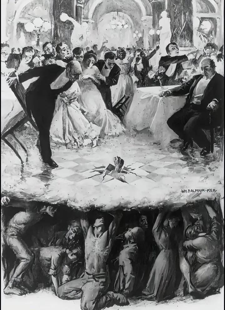 这是一幅创作于1906年，是一幅黑白插图，描绘了社会阶层之间的巨大鸿沟。你从中看