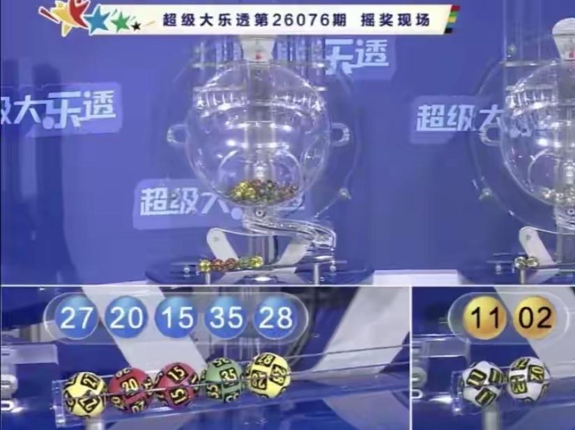 大乐透26076期开奖号码出炉，前区15‑20‑27‑28‑35，后区02、11
