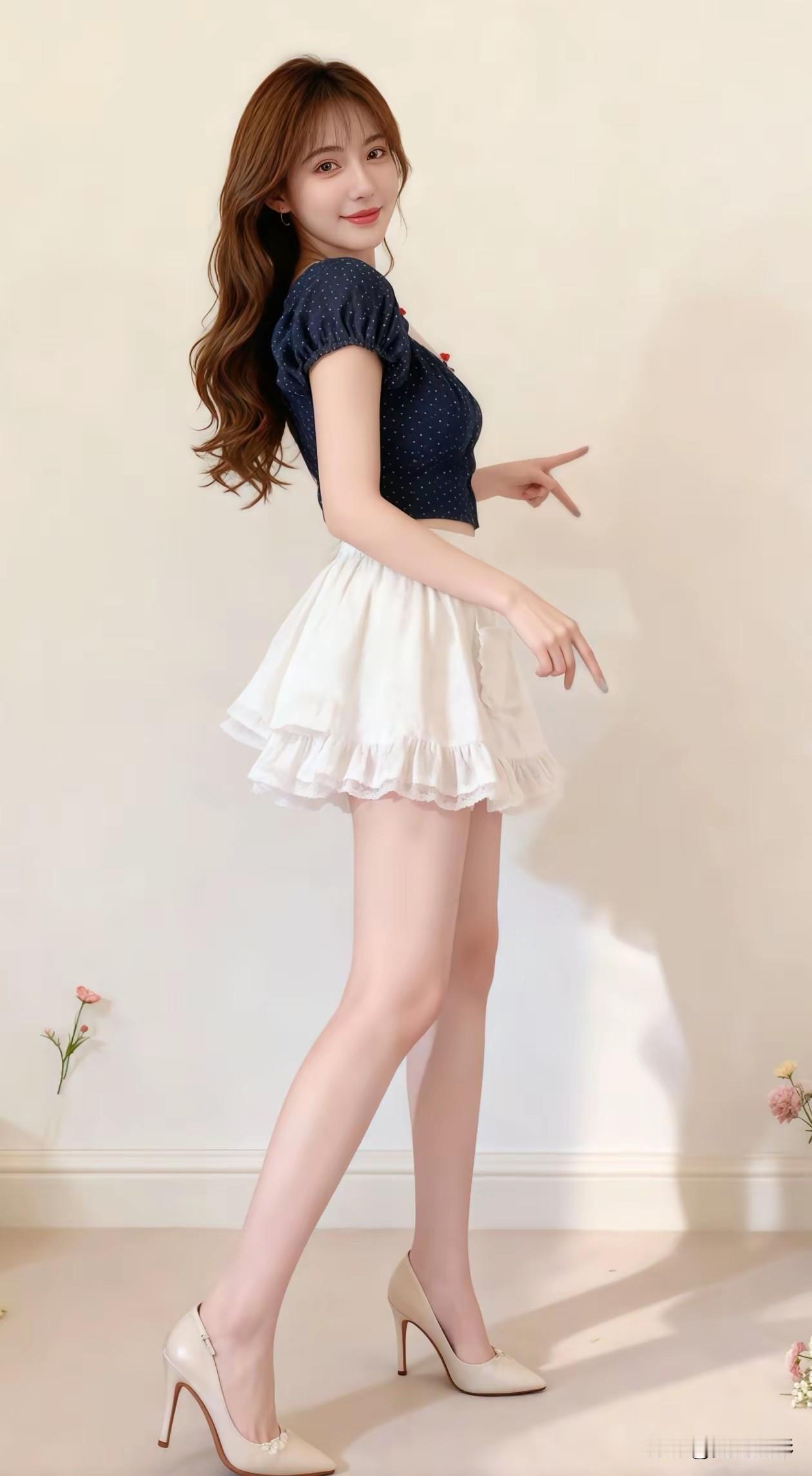光之影甜美少女风穿搭，浅蓝色上衣+白色百褶裙，搭配米色高跟鞋，清新可爱！💕