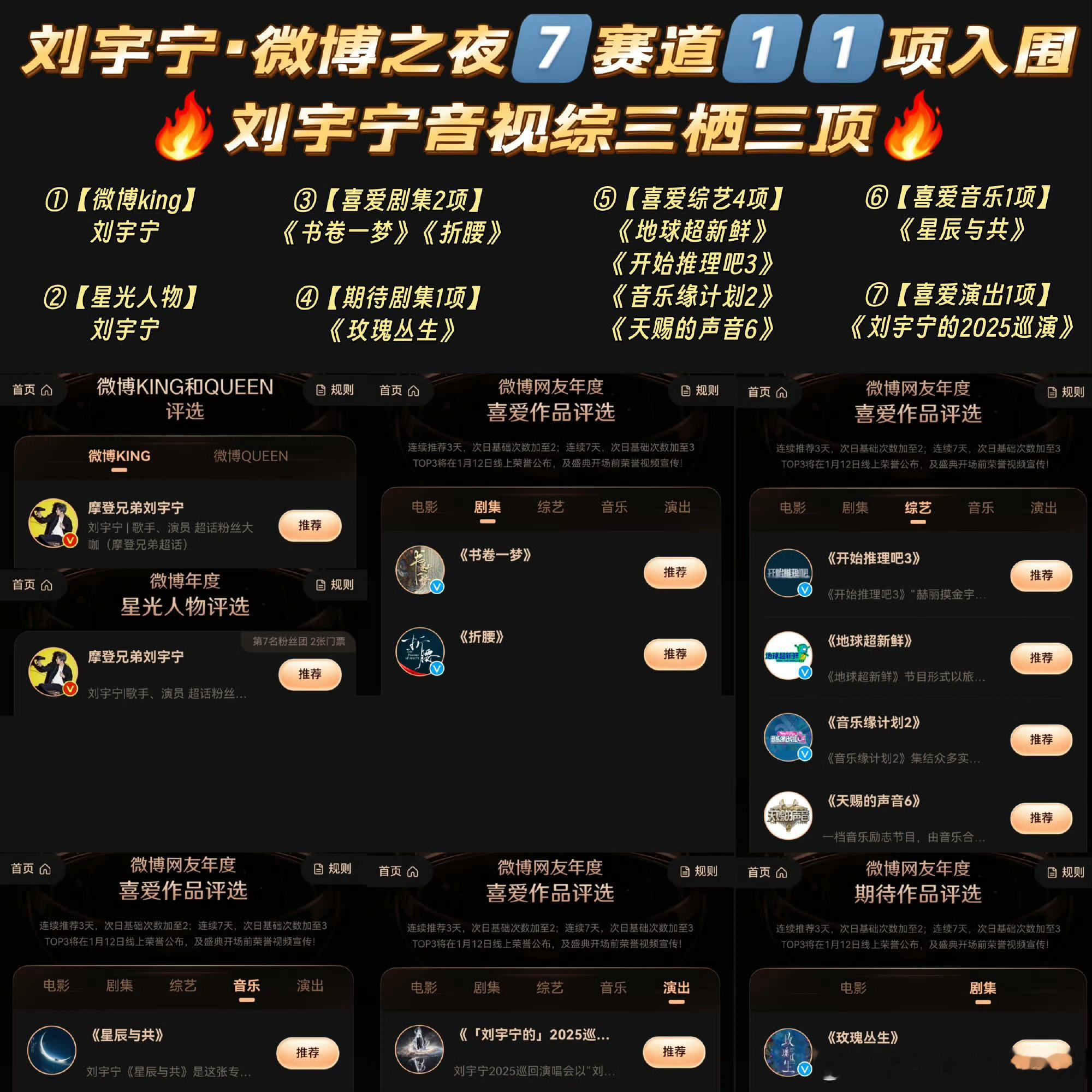 刘宇宁音视综三栖三顶，已拿下🧣之夜七赛道十一项入围