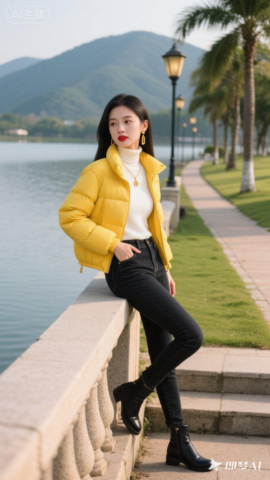 冬日穿搭指南：黄色羽绒服+黑色牛仔裤，温暖又时尚！🌞👗👖