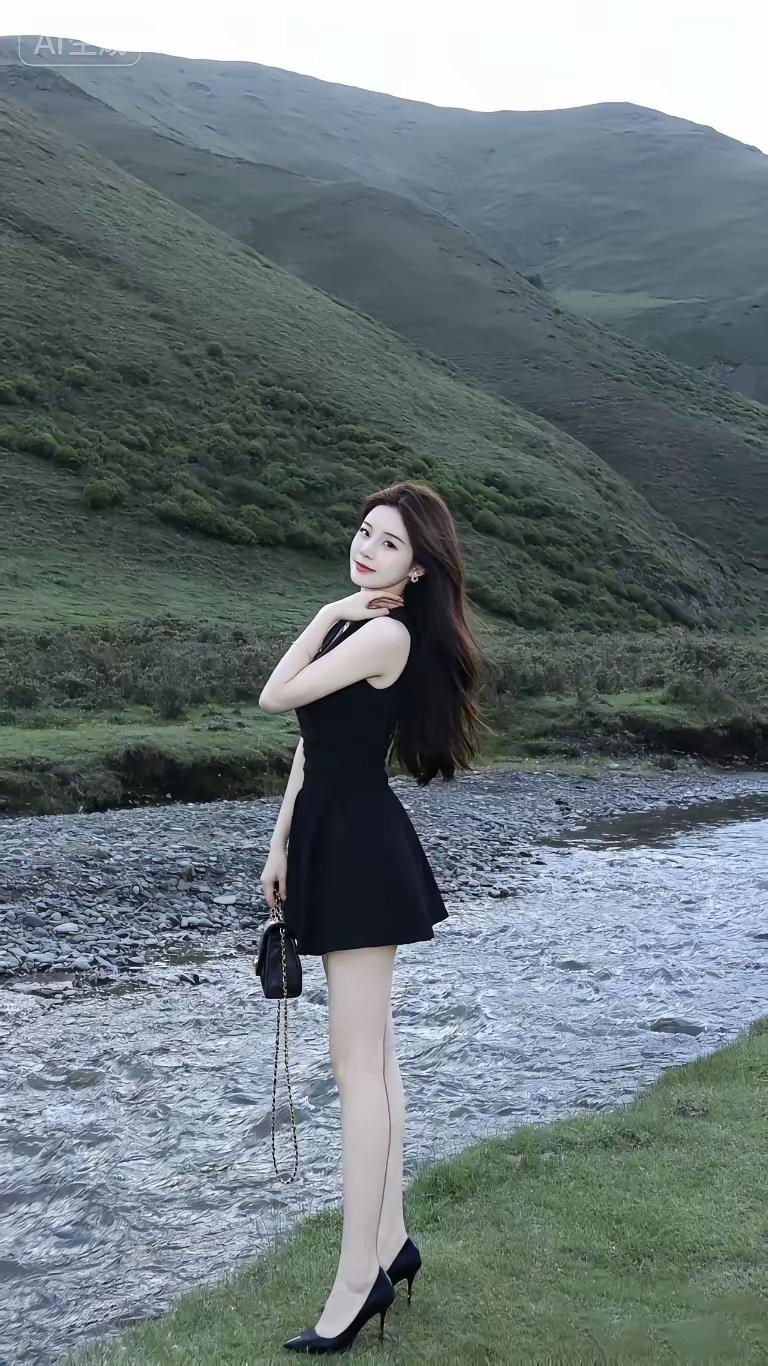 黑裙少女漫步山间，绿意盎然，悠然自得。