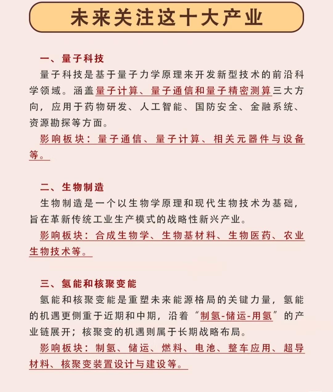 未来值得关注的十大产业总结如下：1.量子科技：基于量子力学原理的前沿科学，