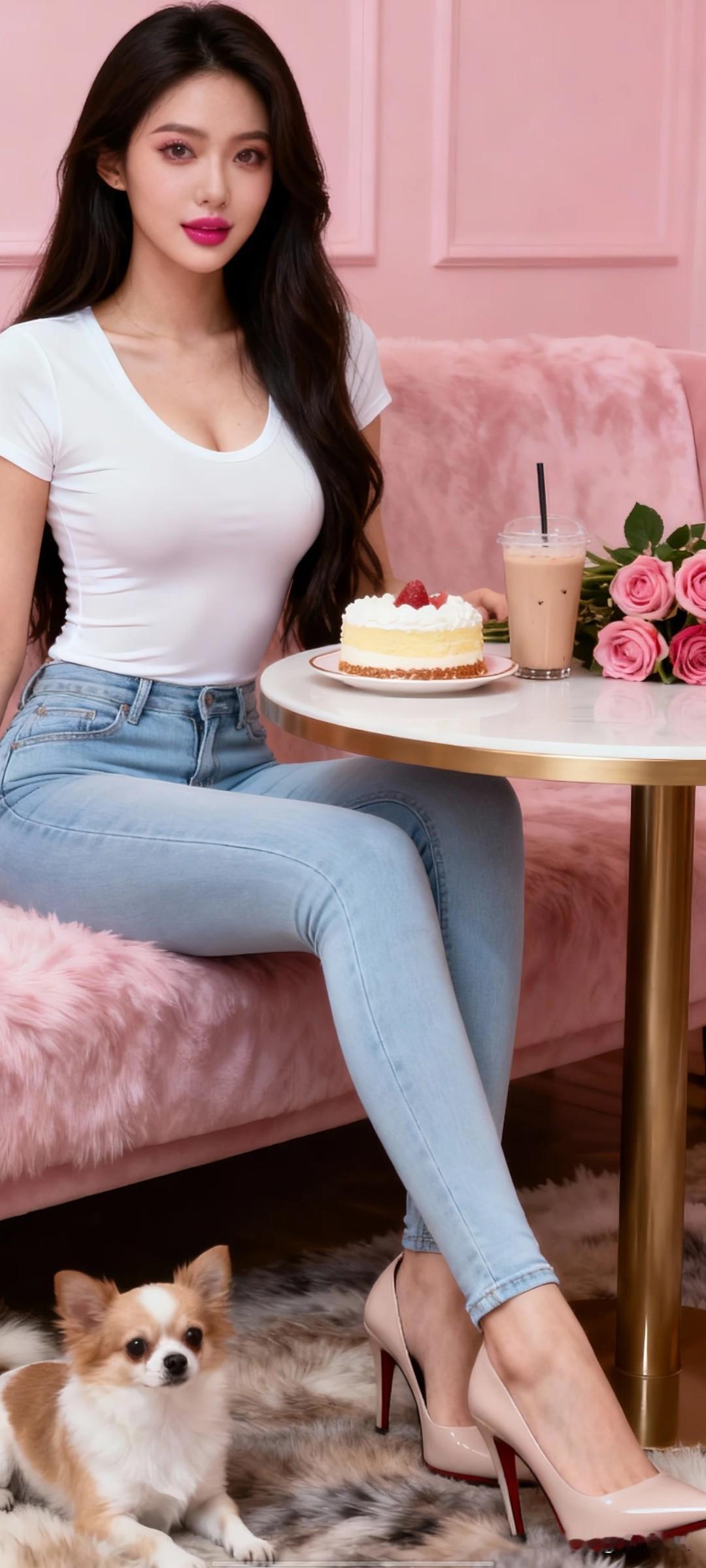 晒图笔记大赛一位年轻长发美女穿着白色紧身U领T恤+浅蓝紧身牛仔裤，精美妆容，网红