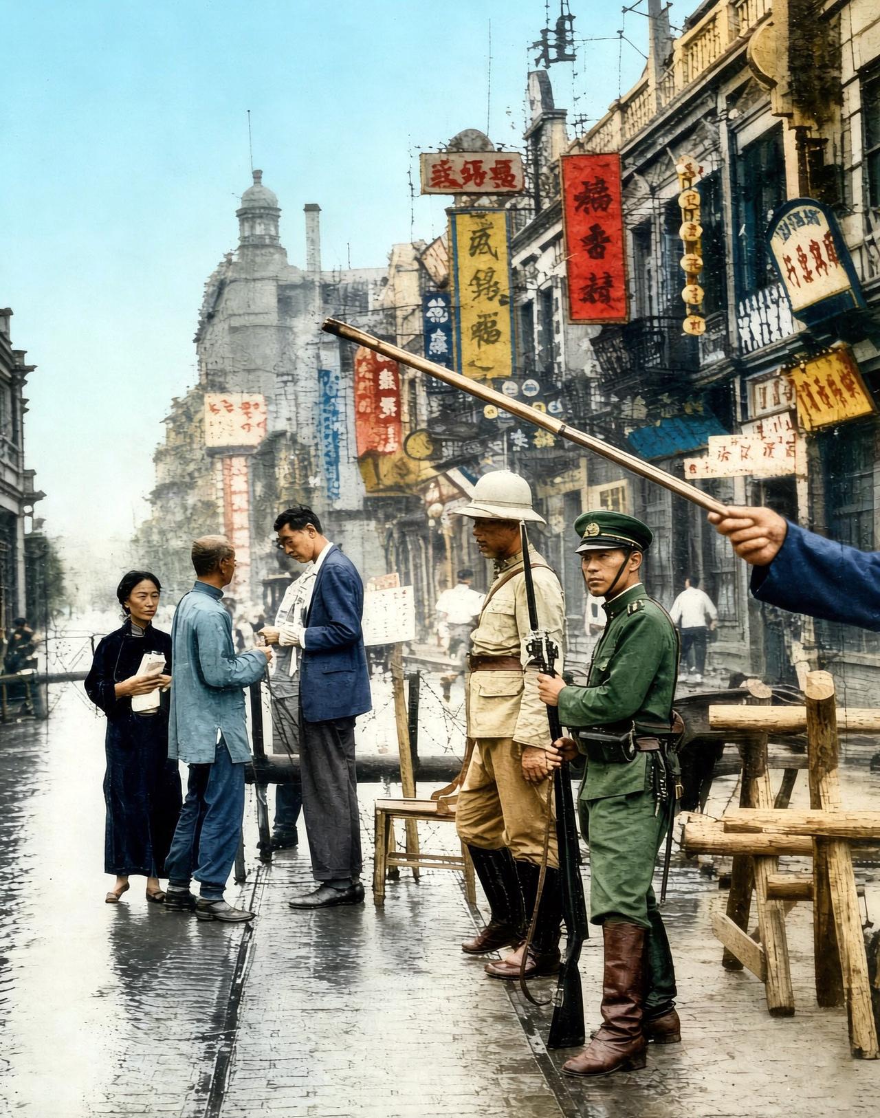 1943年春，天津旭街（今和平路）与锦州道的交口处，这里是当年法租界与日租界的分