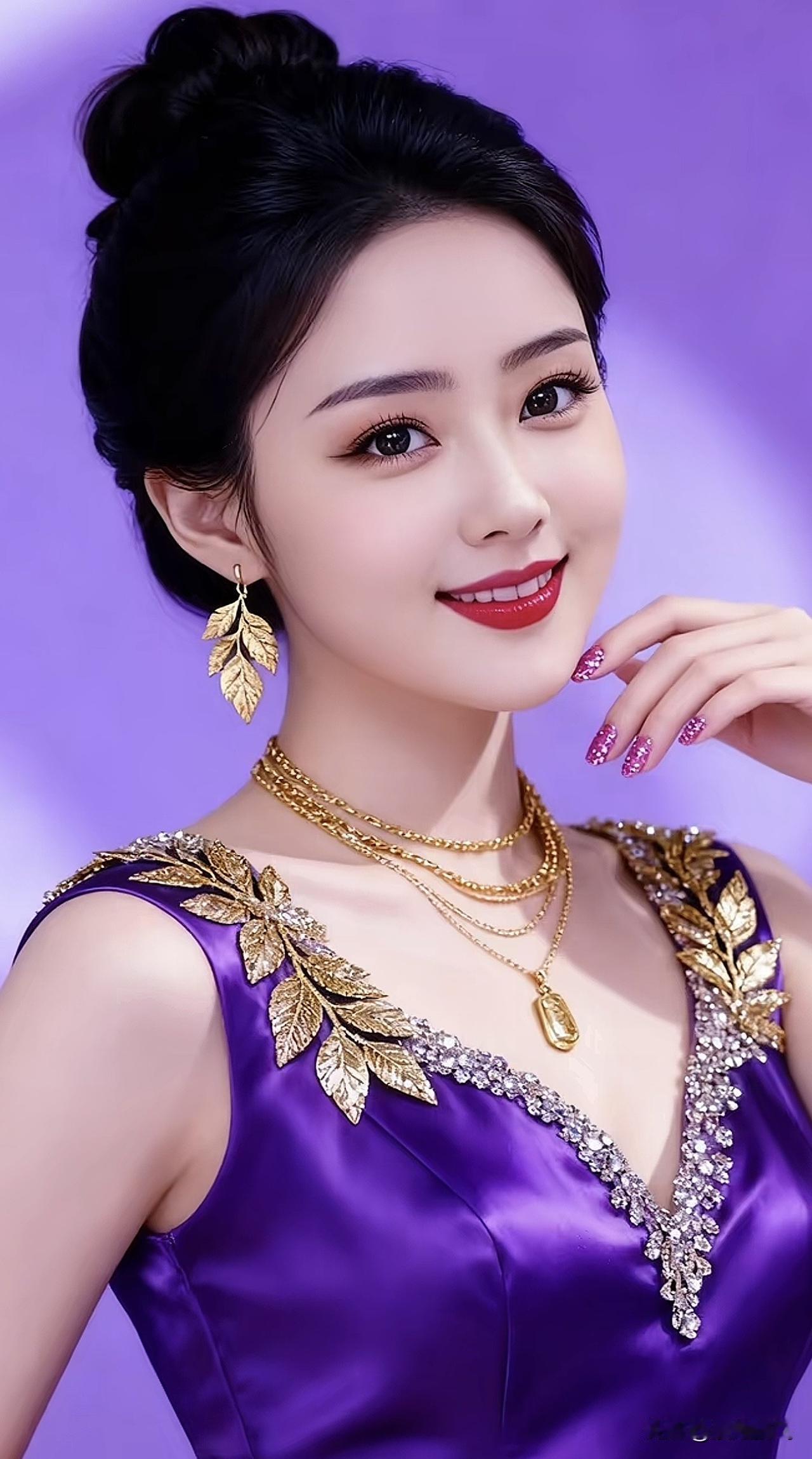 紫衣美人笑，金饰映华光。紫调美人照紫韵古风照华贵红妆紫韵礼服照华贵红妆