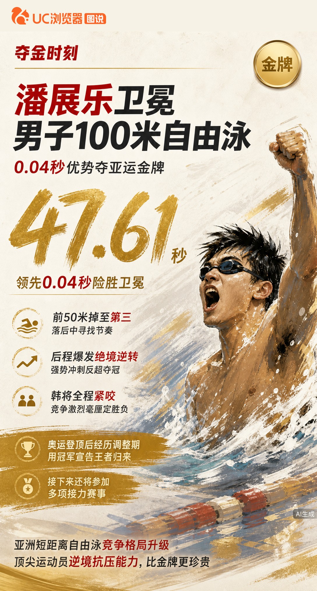 0.04秒险胜！潘展乐男子百米自由泳47秒61卫冕，前50米一度掉至第三，靠后程爆发绝境逆转。两位韩