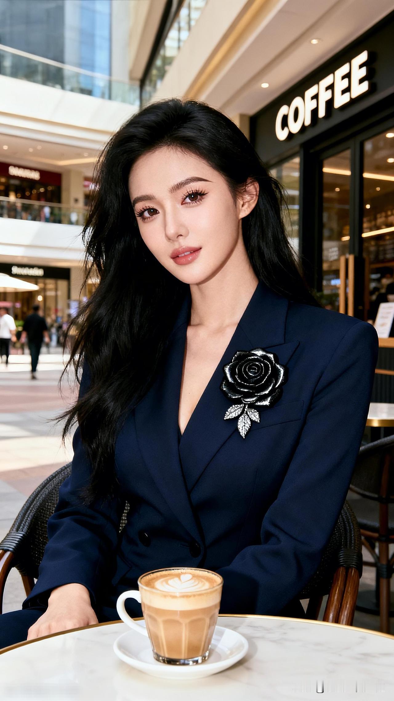 午后，阳光正暖。户外咖啡厅里，一位美女吸引了众人目光。她身着深蓝色西装，内搭黑色