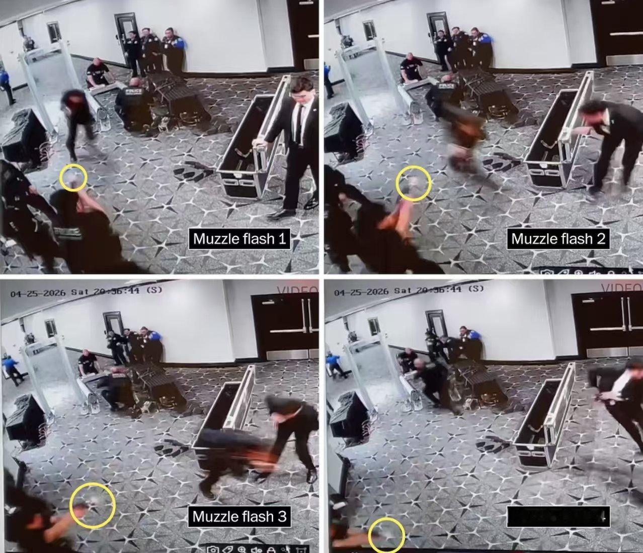 华盛顿邮报曝光的白宫记者晚宴枪击现场监控，发现美国特勤局连开四枪，都没有打死枪手