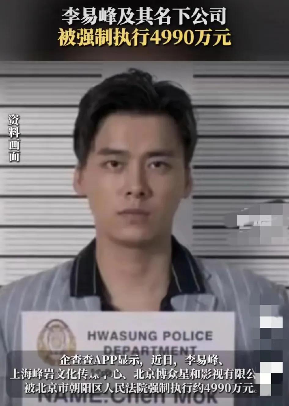 知名演员李易峰被强制执行约4990万元，而本人对多次嫖娼的违法事实供认不讳，从此