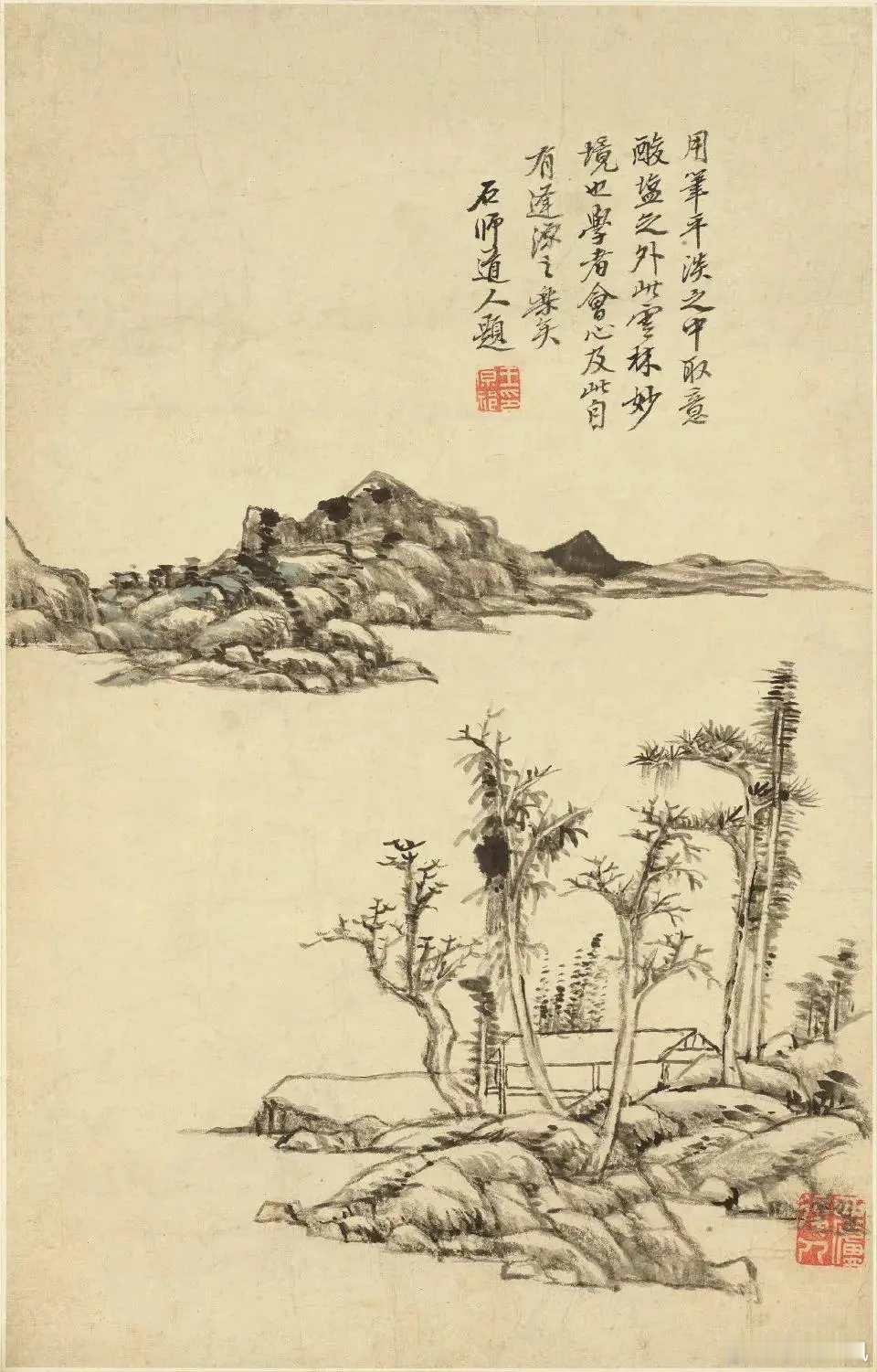 清王原祁《仿古山水册》。王原祁擅画山水，继承家法，学元四家，以黄公望为宗，喜用