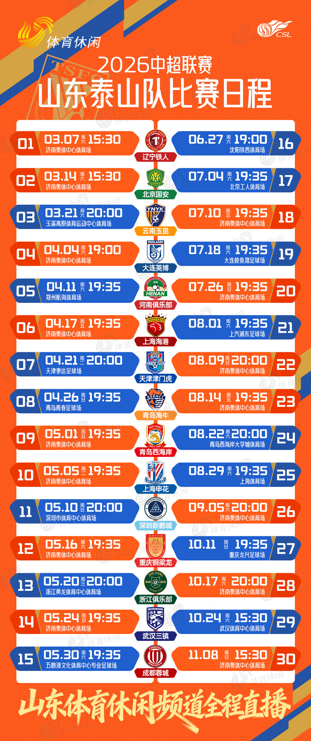 泰山队中超直播赛程，可点击收藏。