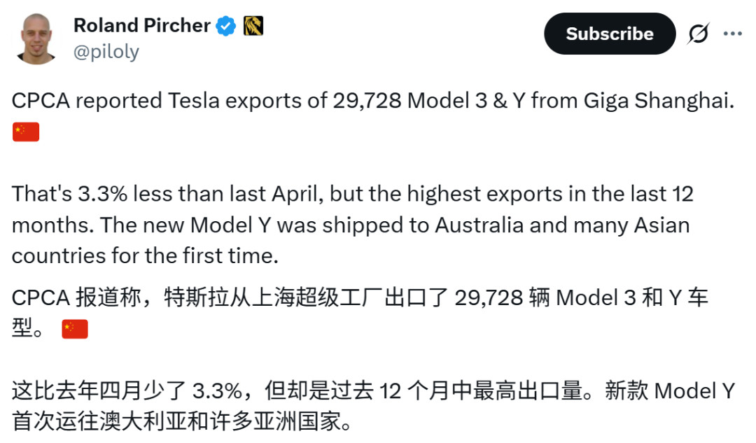 4月特斯拉上海超级工厂出口量创近一年新高，外媒：中国智造焕新ModelY首次运