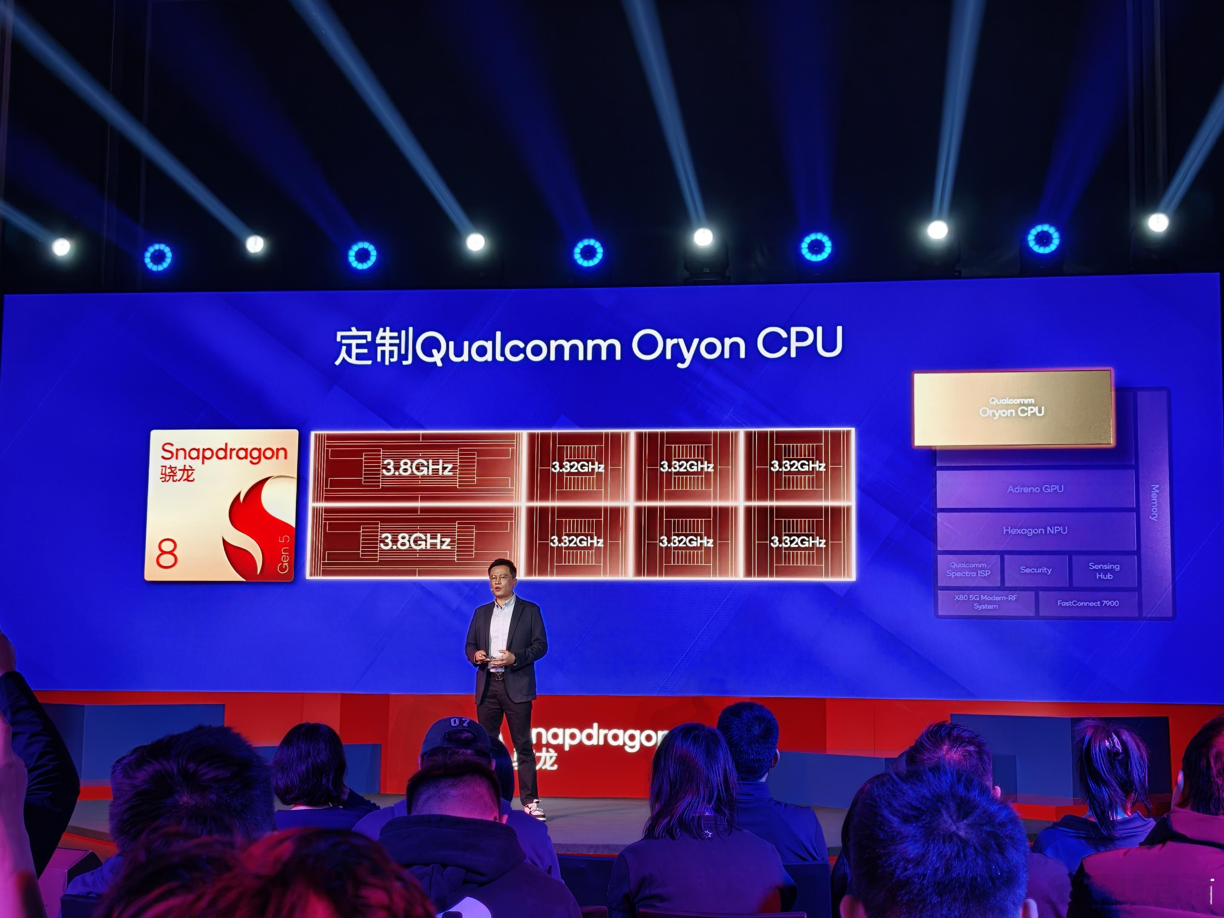 第五代骁龙8移动平台采用了高通自家的OryonCPU，CPU核心为“2+6”的