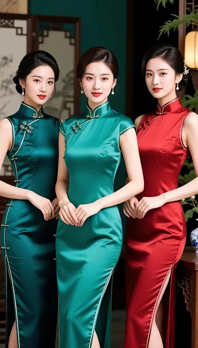 三个女人一台戏，旗袍雅韵亭亭立。贴身裁剪显风情，高贵典雅若晨曦。