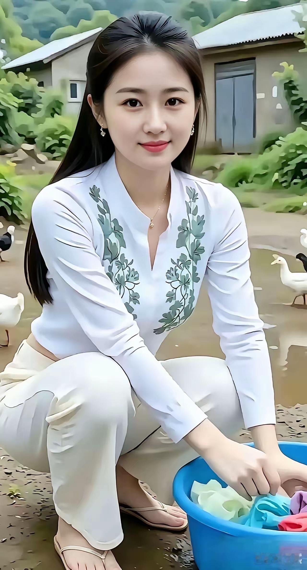 美女真的美，双眸含秋水。河边洗衣衫，靓丽爹妈给。