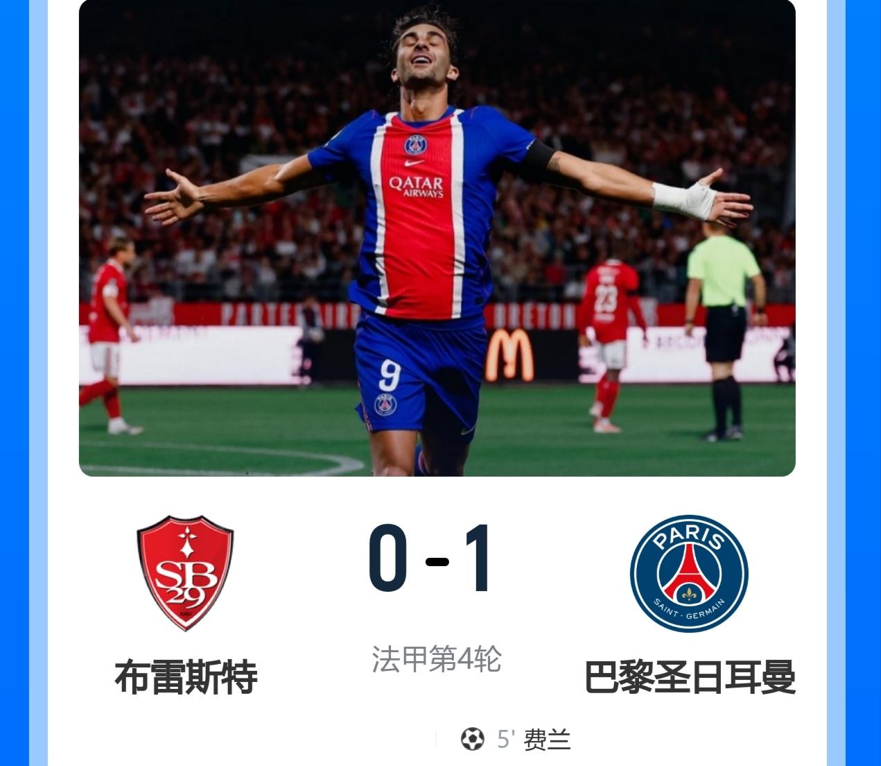 联赛首胜，姗姗来迟！巴黎1-0客胜布雷斯特！此役，费兰5分钟闪击，5场6