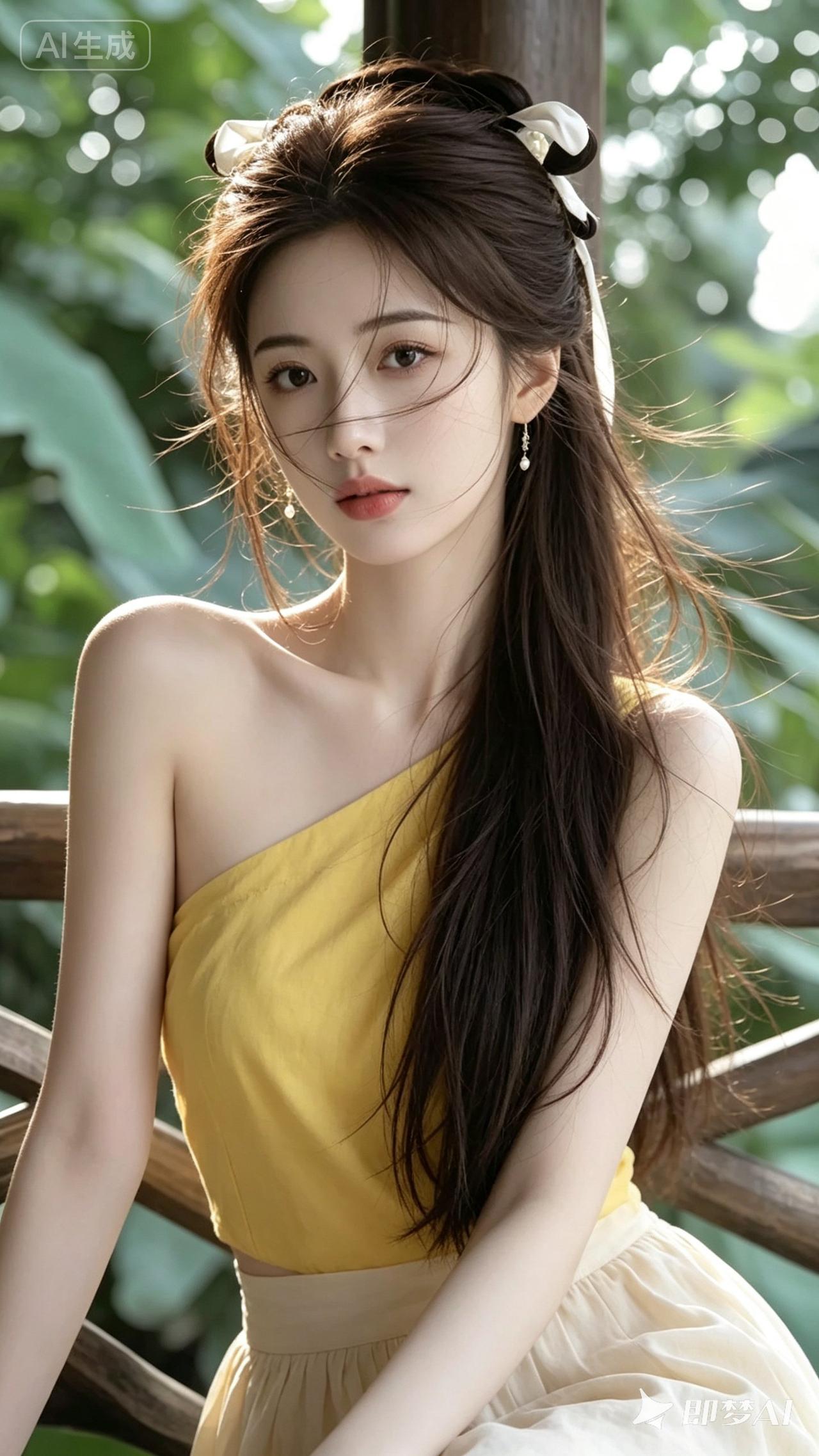 夏日清新少女，黄色连衣裙，自然光下拍摄，唯美动人。