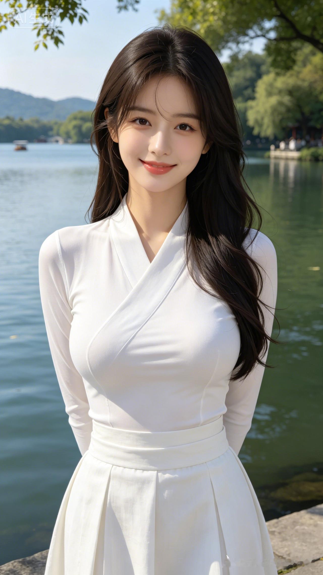 披肩长发少女身着素白斜襟布衫长裙，于秀丽西湖边温柔回头，散射自然光柔和通透，气质