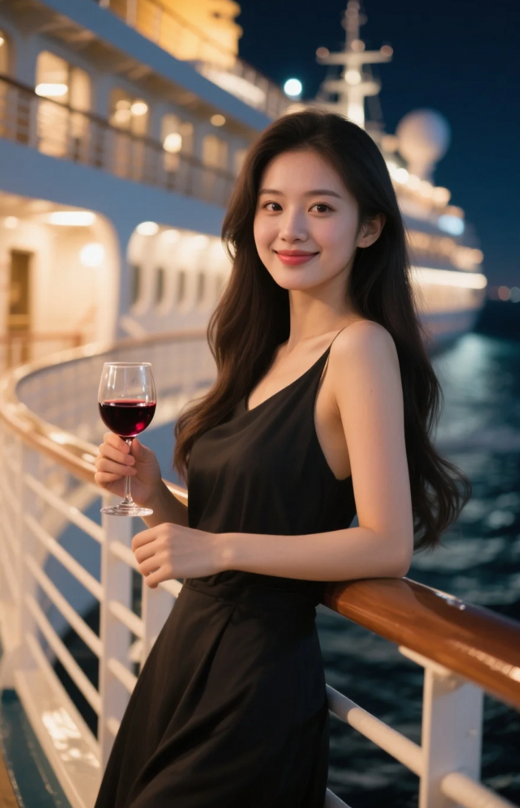 游轮之夜，长发下的自信微笑