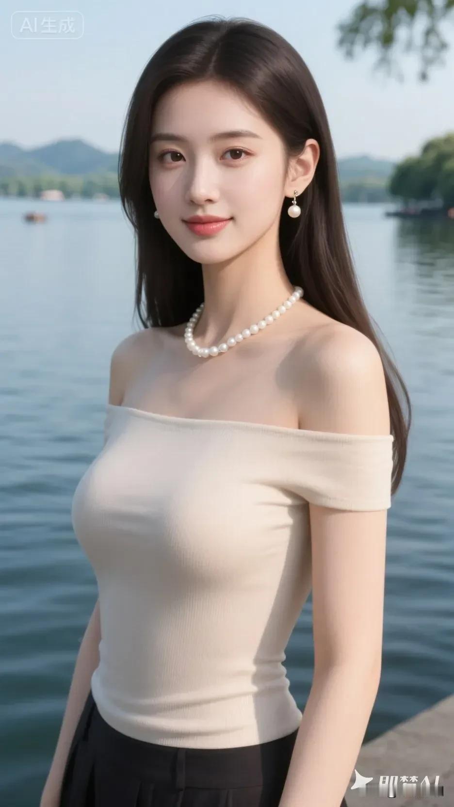 湖映远山，风伴青丝，珍珠凝润，人在画中。治愈系风景美女湖边美女照湖边美人景