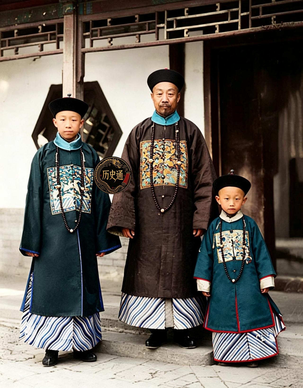 这是清朝内务府大臣一家祖孙三代。三人身着清朝官服，站在秦老胡同的老宅门前。中间长