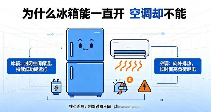 为什么冰箱能一直开但空调不能现在很多家庭用的都是变频空调，技术已经挺成熟了，连续