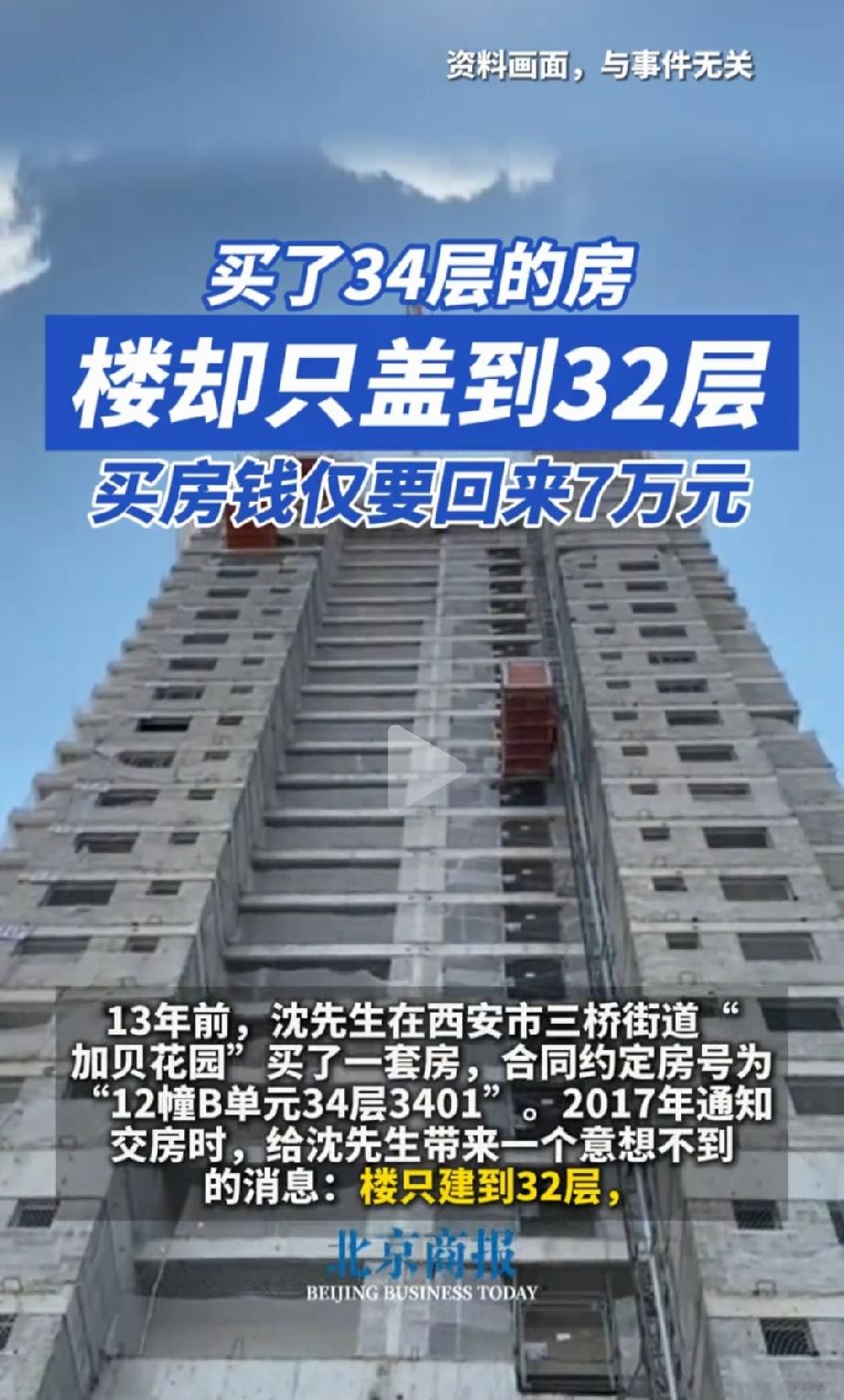 34层，凭空消失了！陕西西安，沈先生13年前按揭买了12幢B单元34层3401的