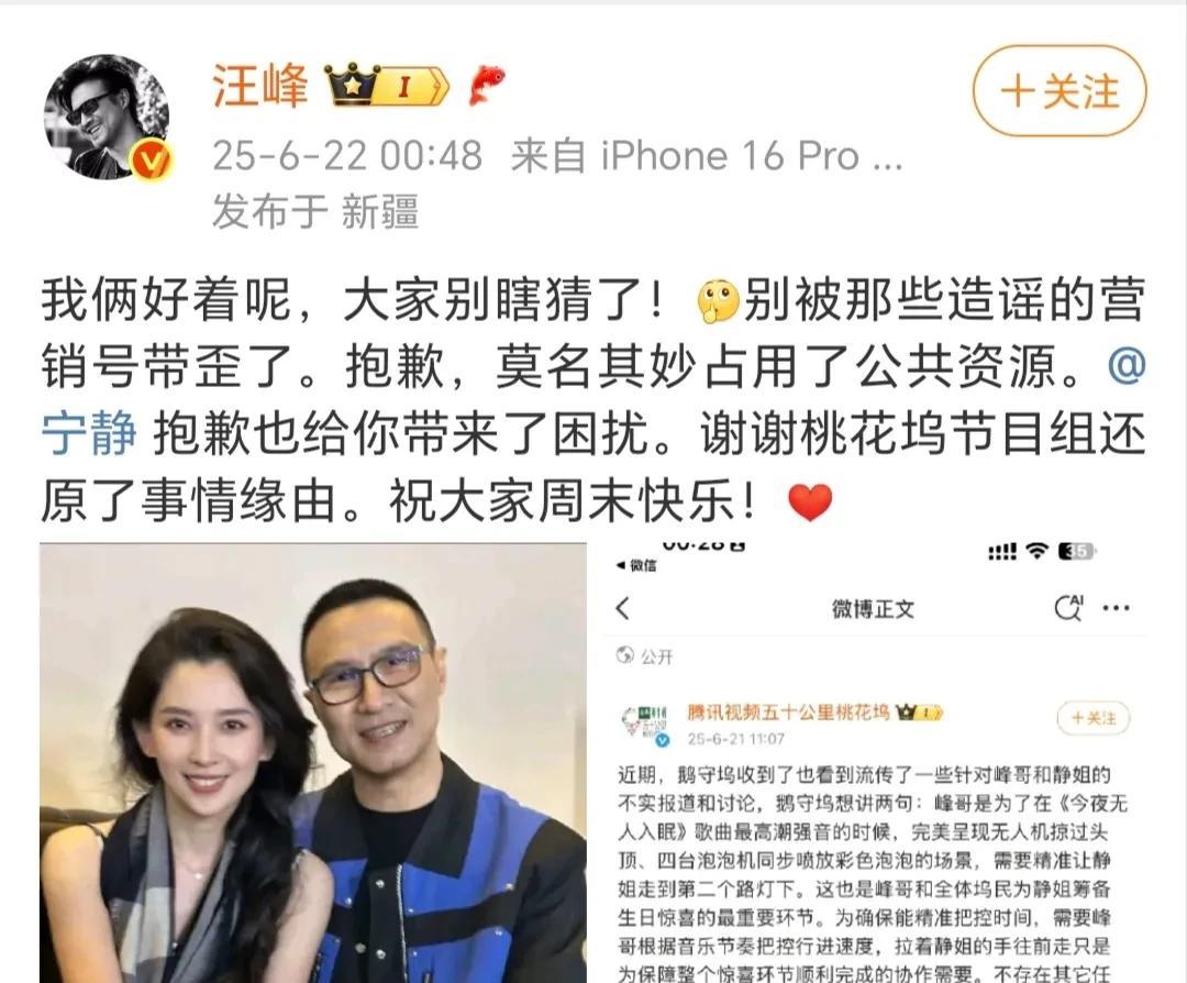 那些说汪峰和宁静会那啥的人不是没脑子就是不了解汪峰，果然，汪峰和节目组都出来发话