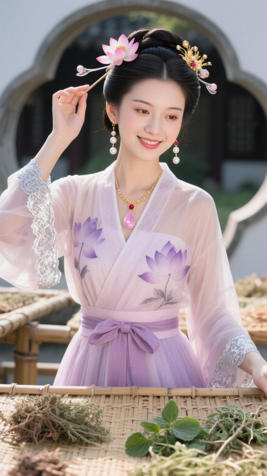 荷簪暗锁玲珑韵，药草明承清意甜。汉服写真国风古韵古风美女原创古风计划东方