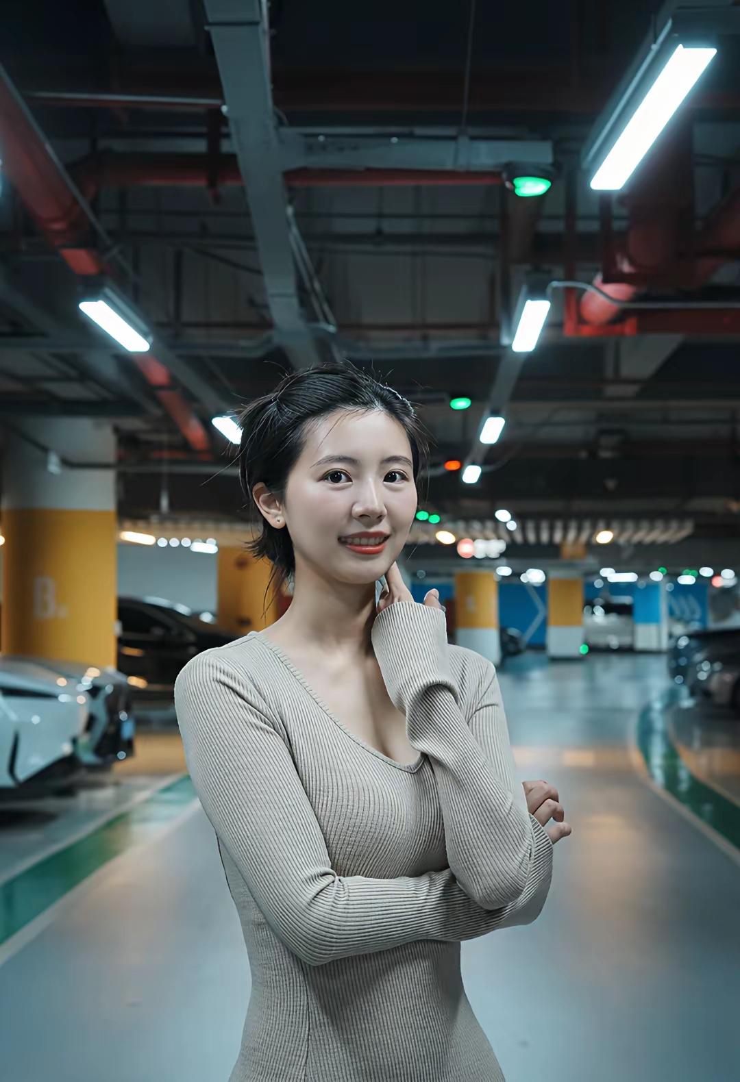 地下停车场里的时尚少女，微笑面对镜头，笑容甜美，落落大方，兰心蕙质车里的美女城