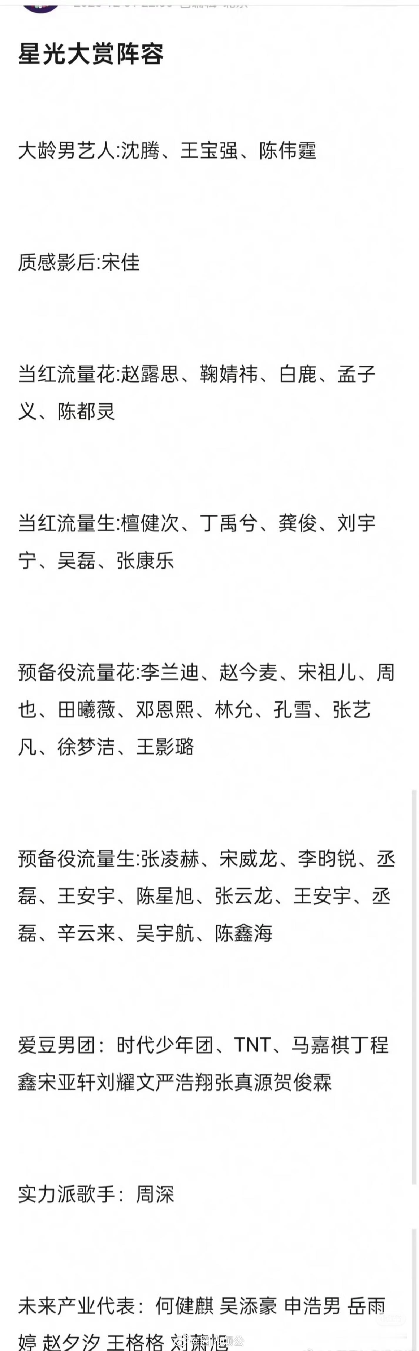 星光大赏参加艺人更新一波新鲜出炉名单目前看30位确认参加星光大赏00：邓恩熙