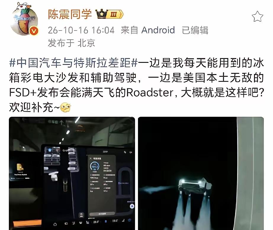 陈震谈中国汽车与特斯拉差距！一个是实用的，主打冰箱、大沙发、智能驾驶；另外一