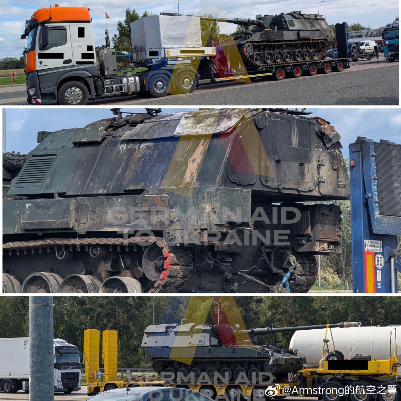 一辆经历战火的乌军PZH2000自行火炮被送回德国大修。俄乌冲突