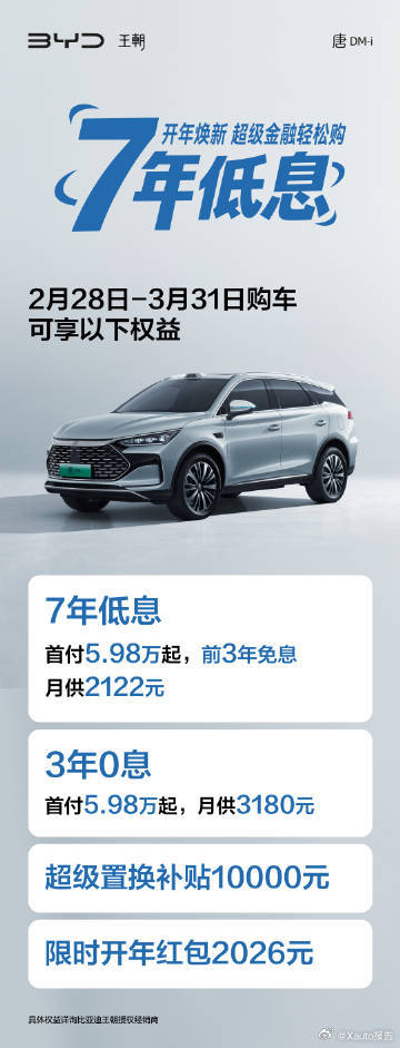 比亚迪汉L、唐L推出马年开年购车福利，提供3年0息、7年低息金融方案，首付低至5