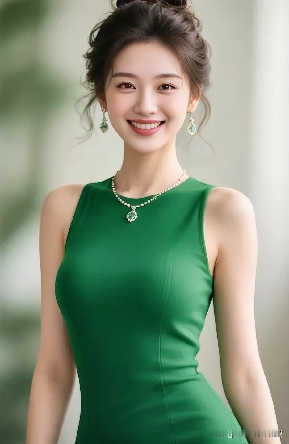 笑靥如花绽，绿裙映璀璨，优雅自成诗。