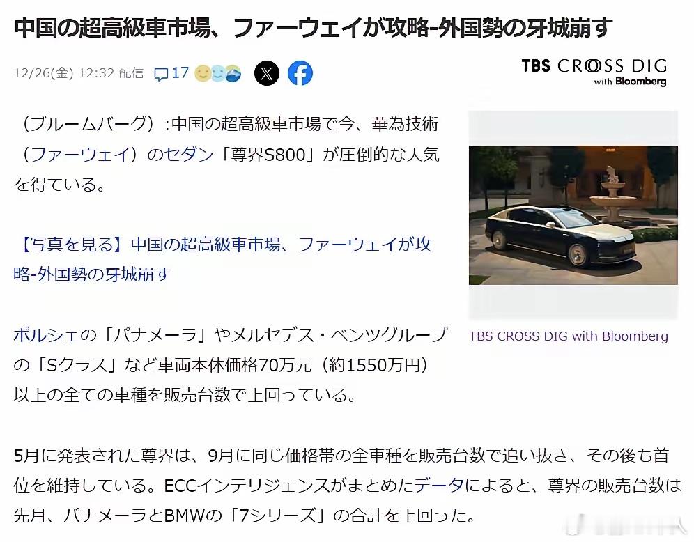 日媒：华为攻克中国单价10万美元以上超豪华车市场。日媒转发彭博社：在中国的超豪华