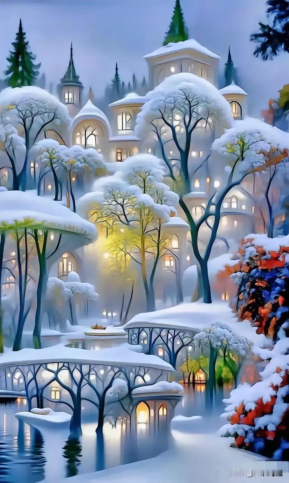 梦幻雪景中的童话小镇，温暖灯光照亮冬日寒意。🌨️✨