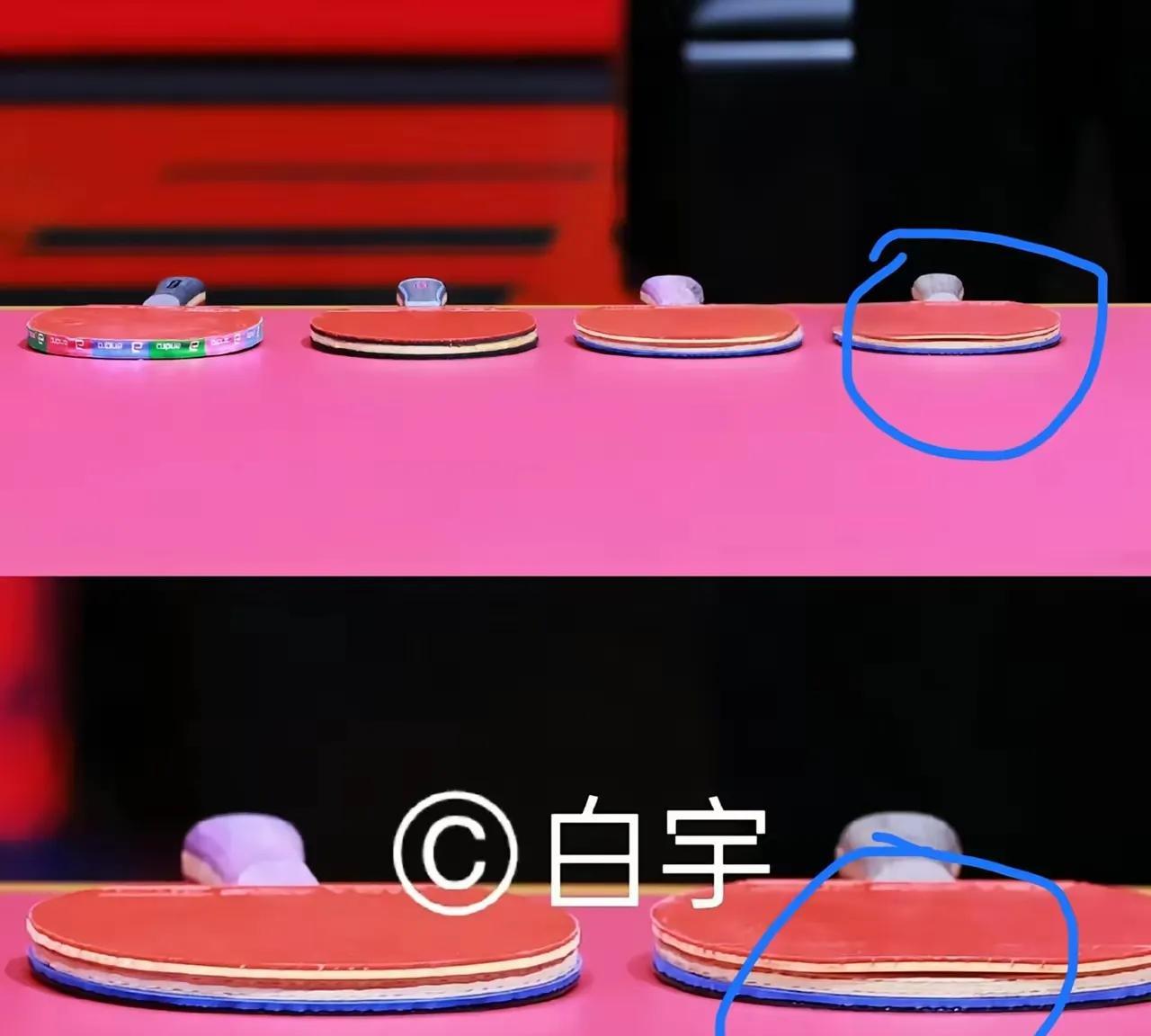 多谢白宇记者立了大功，记录了拍子撕开的证据。昨天王楚钦的球拍被撕开后，裁判不