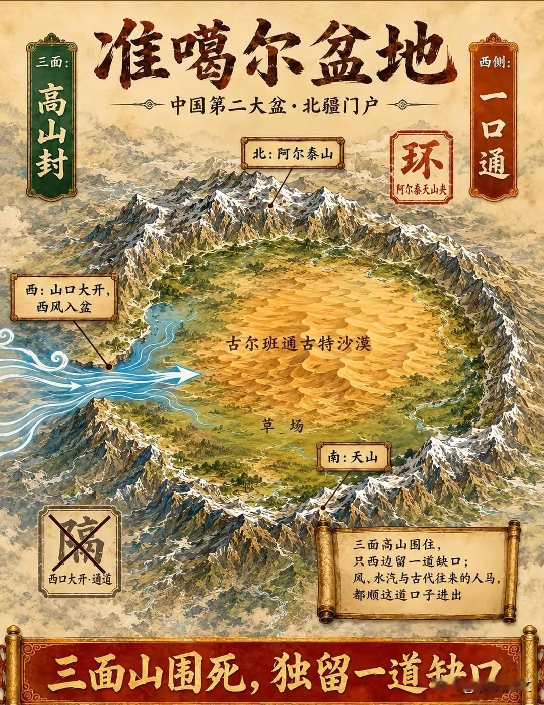 准格尔盆地的地形真的很有辨识度，整体轮廓是个不规则的三角形，东西长700多公里，