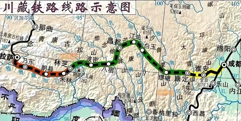 川藏铁路目前只有两段修通，即成都～雅安段和拉萨～林芝段，而雅安～林芝段这中间一大